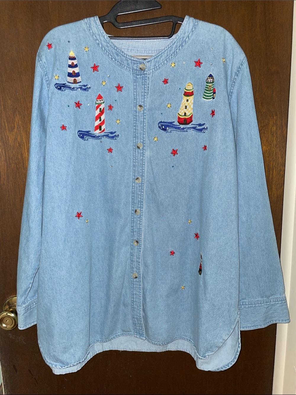 Quacker Factory size 1X Light Blue Denim Button-Down Shirt w/Nautical Embroidery